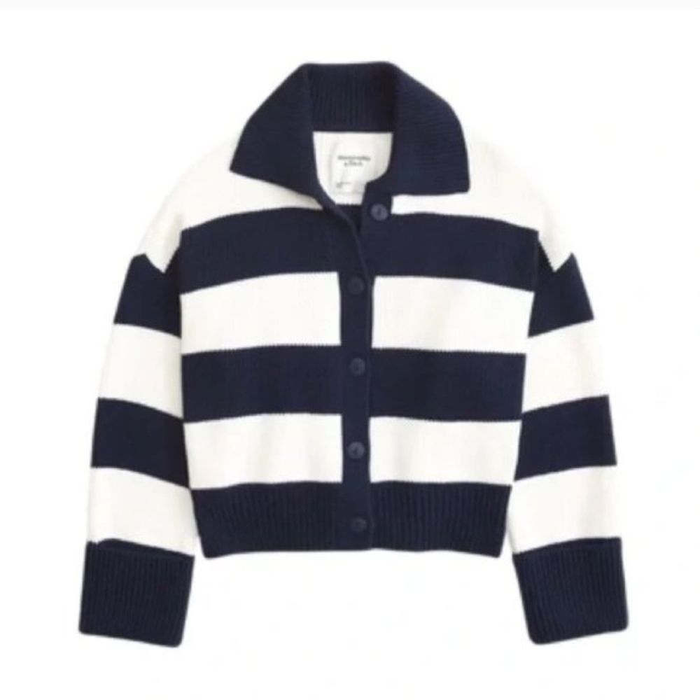 Abercrombie & Fitch Navy and White Striped Button-Up Cardigan
